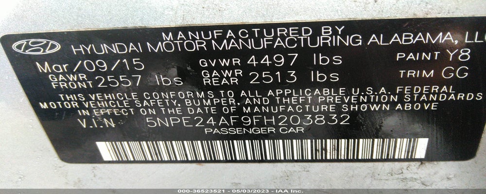 5NPE24AF9FH203832 2015 HYUNDAI SONATA photo no. 9