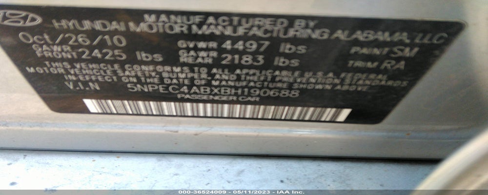 5NPEC4ABXBH190688 2011 HYUNDAI SONATA photo no. 9
