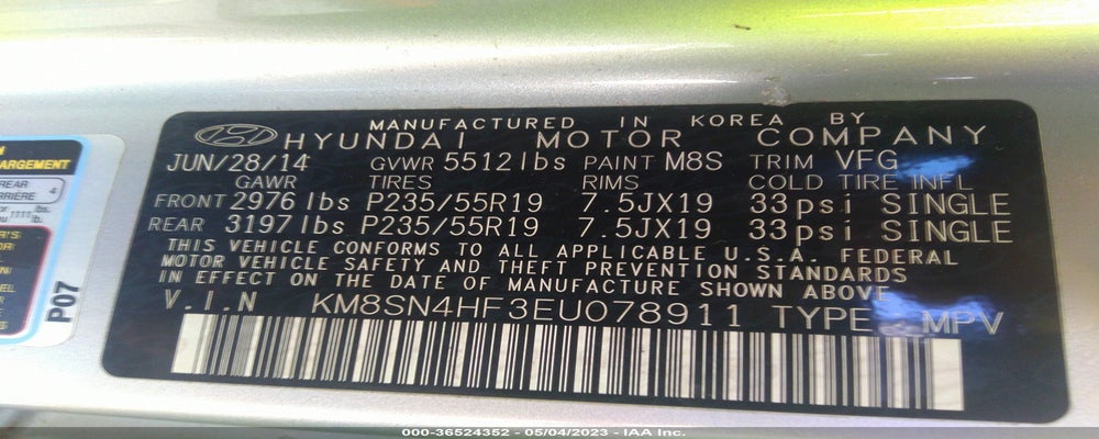 KM8SN4HF3EU078911 2014 HYUNDAI SANTA FE photo no. 9