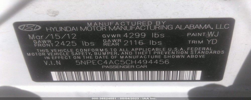 5NPEC4AC5CH494456 2012 HYUNDAI SONATA photo no. 9