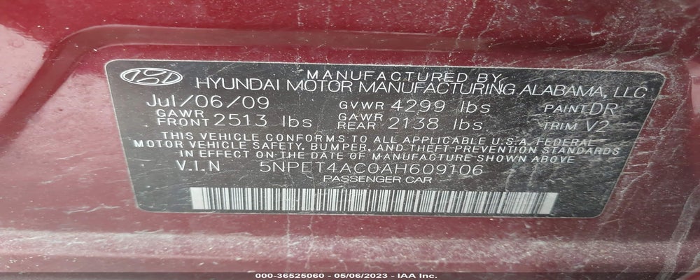 5NPET4AC0AH609106 2010 HYUNDAI SONATA photo no. 9