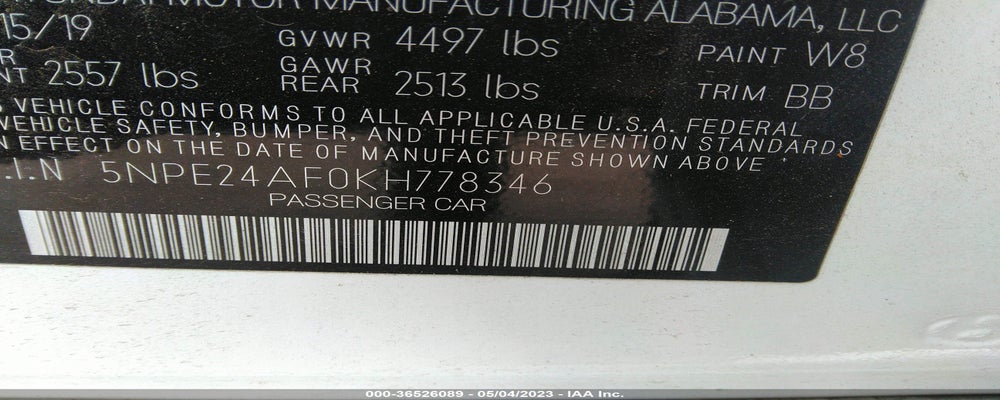 5NPE24AF0KH778346 2019 HYUNDAI SONATA photo no. 9