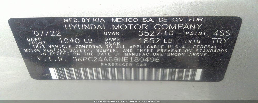 3KPC24A69NE180496 2022 HYUNDAI ACCENT photo no. 9
