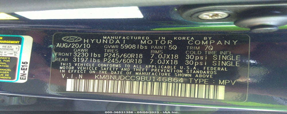 KM8NUDCC9BU146864 2011 HYUNDAI VERACRUZ photo no. 9