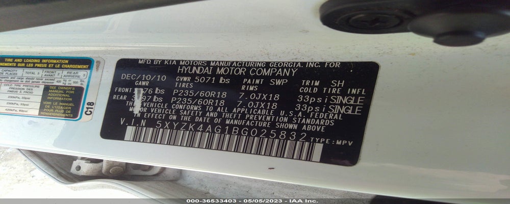5XYZK4AG1BG025832 2011 HYUNDAI SANTA FE photo no. 9