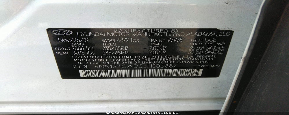 5NMS3CAD3LH206887 2020 HYUNDAI SANTA FE photo no. 9
