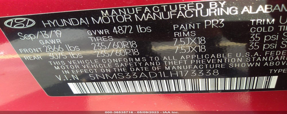 5NMS33AD1LH173338 2020 HYUNDAI SANTA FE photo no. 9