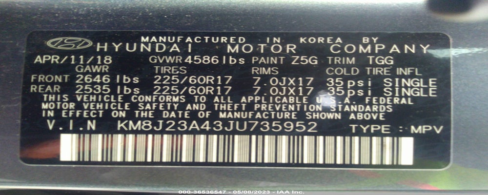 KM8J23A43JU735952 2018 HYUNDAI TUCSON photo no. 9