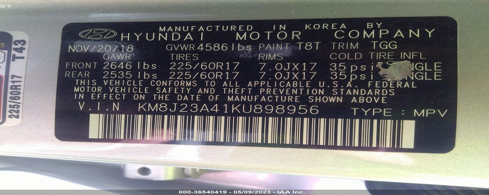 KM8J23A41KU898956 2019 HYUNDAI TUCSON photo no. 9