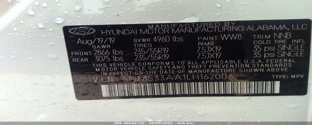 5NMS33AA1LH162006 2020 HYUNDAI SANTA FE photo no. 9