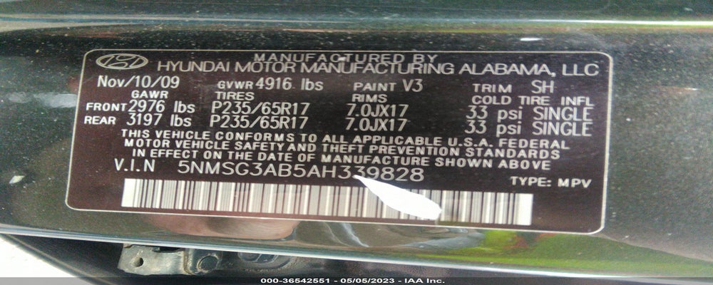5NMSG3AB5AH339828 2010 HYUNDAI SANTA FE photo no. 9