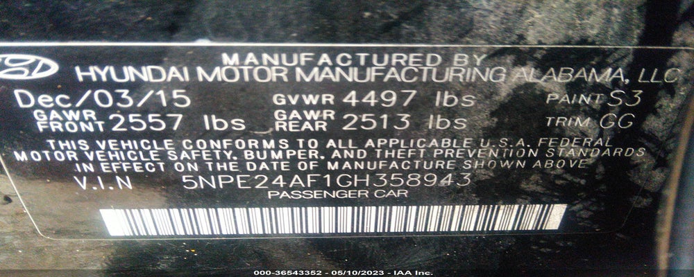 5NPE24AF1GH358943 2016 HYUNDAI SONATA photo no. 9