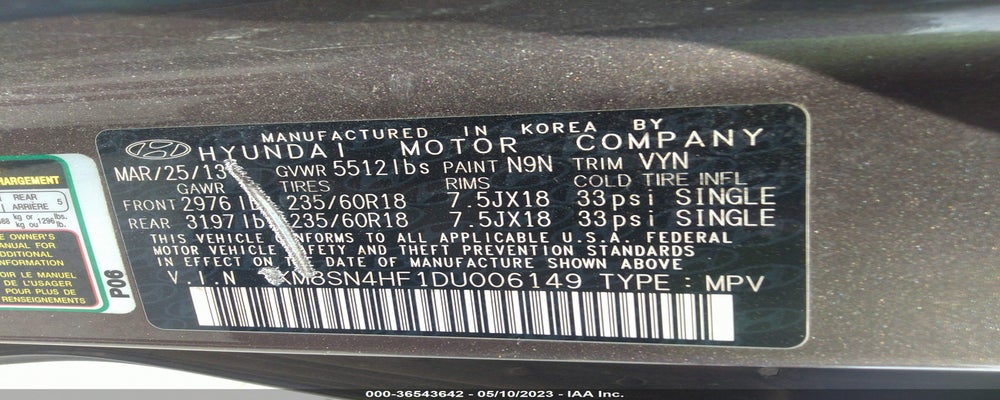 KM8SN4HF1DU006149 2013 HYUNDAI SANTA FE photo no. 9