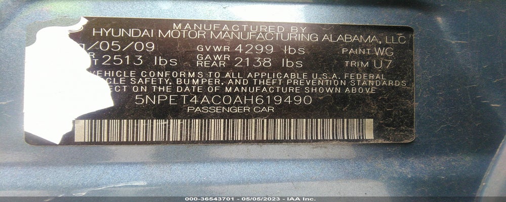 5NPET4AC0AH619490 2010 HYUNDAI SONATA photo no. 9