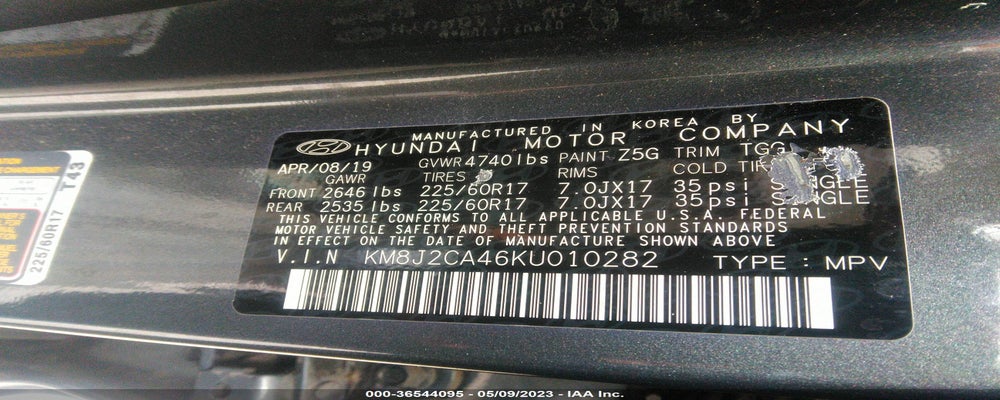 KM8J2CA46KU010282 2019 HYUNDAI TUCSON photo no. 9