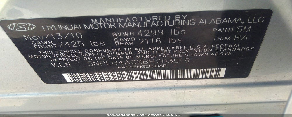 5NPEB4ACXBH203919 2011 HYUNDAI SONATA photo no. 9