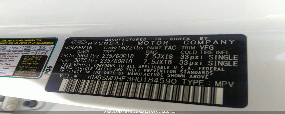 KM8SMDHF3HU184590 2017 HYUNDAI SANTA FE photo no. 9