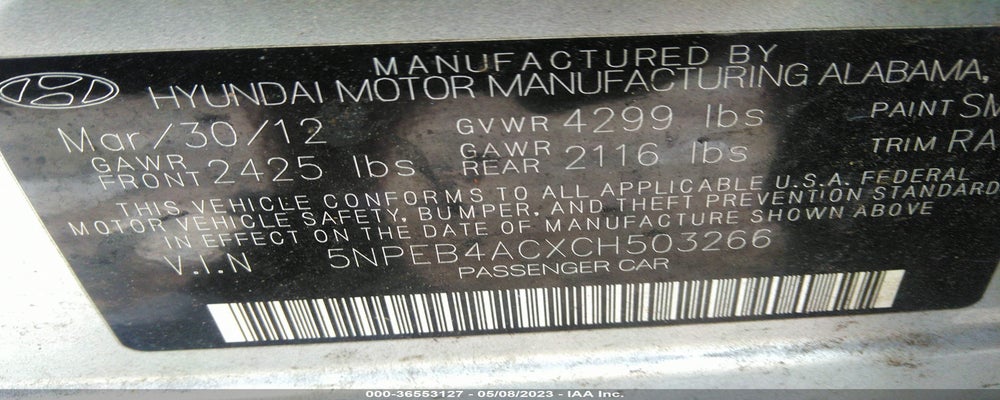 5NPEB4ACXCH503266 2012 HYUNDAI SONATA photo no. 9