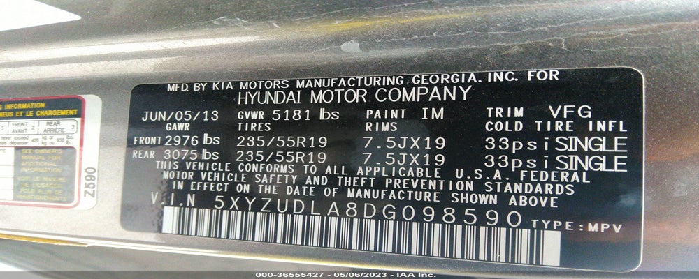 5XYZUDLA8DG098590 2013 HYUNDAI SANTA FE photo no. 9