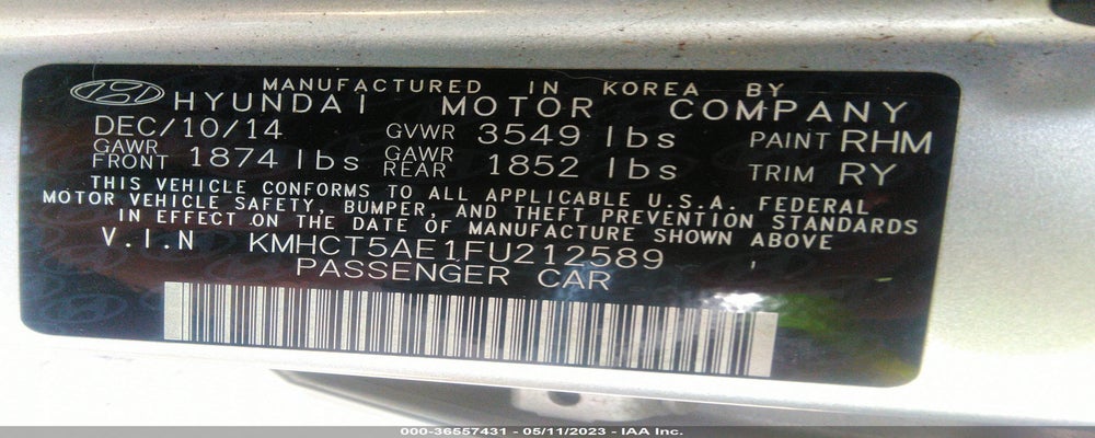 KMHCT5AE1FU212589 2015 HYUNDAI ACCENT photo no. 9