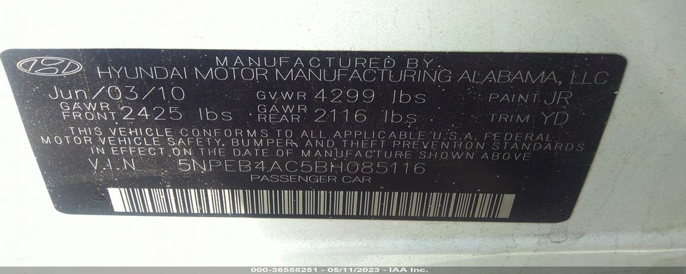 5NPEB4AC5BH085116 2011 HYUNDAI SONATA photo no. 9