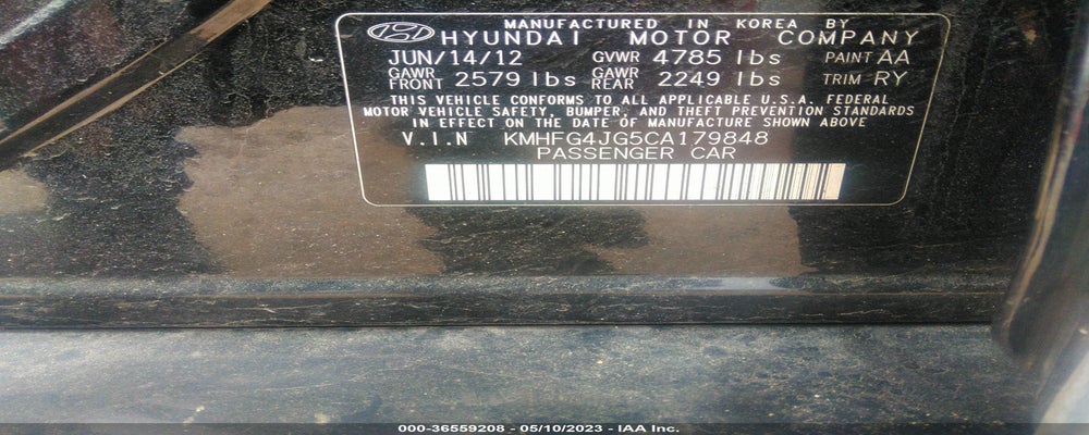 KMHFG4JG5CA179848 2012 HYUNDAI AZERA photo no. 9