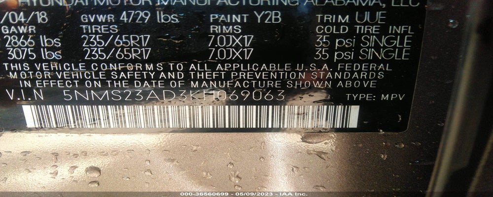 5NMS23AD3KH069063 2019 HYUNDAI SANTA FE photo no. 9