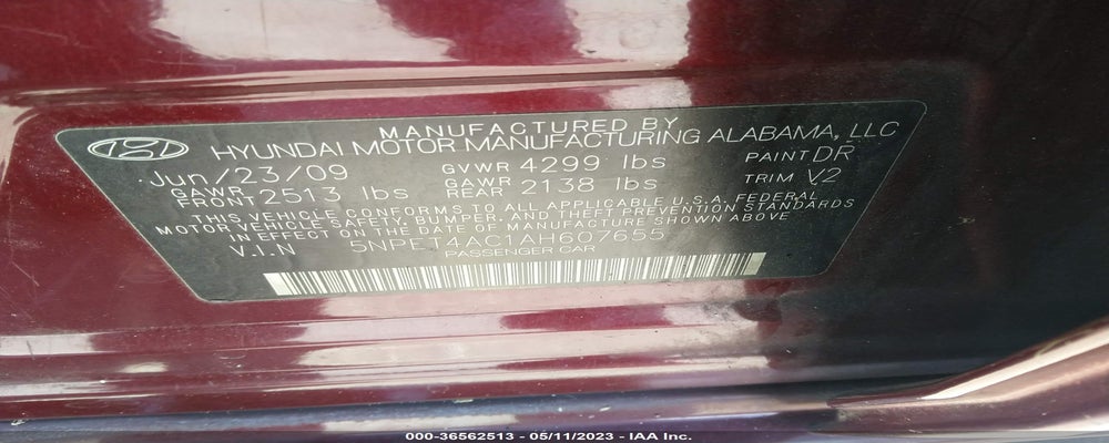 5NPET4AC1AH607655 2010 HYUNDAI SONATA photo no. 9