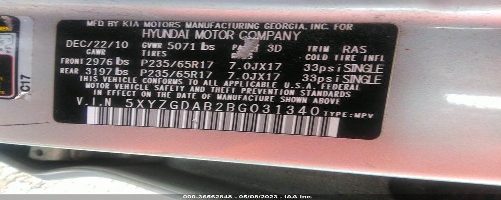 5XYZGDAB2BG031340 2011 HYUNDAI SANTA FE photo no. 9