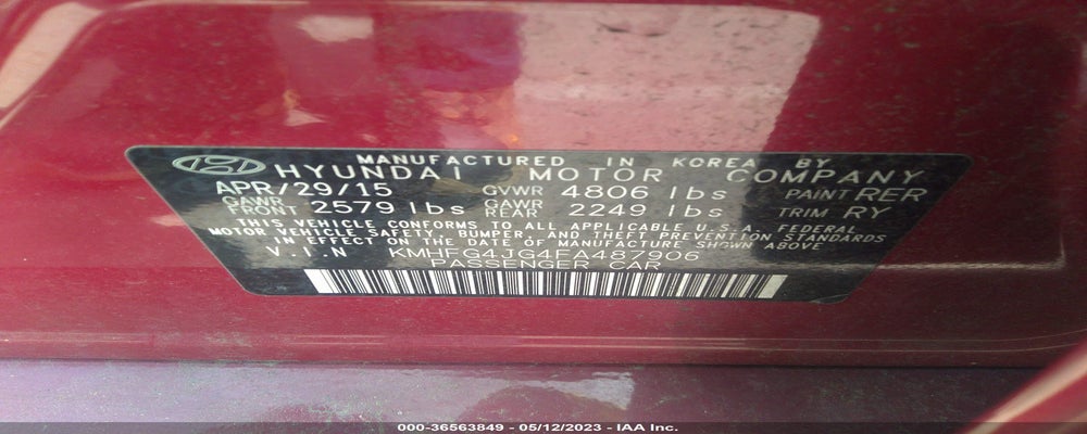 KMHFG4JG4FA487906 2015 HYUNDAI AZERA photo no. 9