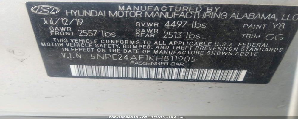 5NPE24AF1KH811905 2019 HYUNDAI SONATA photo no. 9