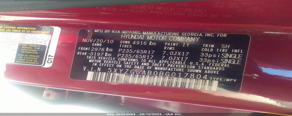 5XYZG3AB0BG017804 2011 HYUNDAI SANTA FE photo no. 9