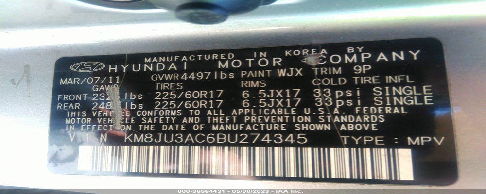 KM8JU3AC6BU274345 2011 HYUNDAI TUCSON photo no. 9