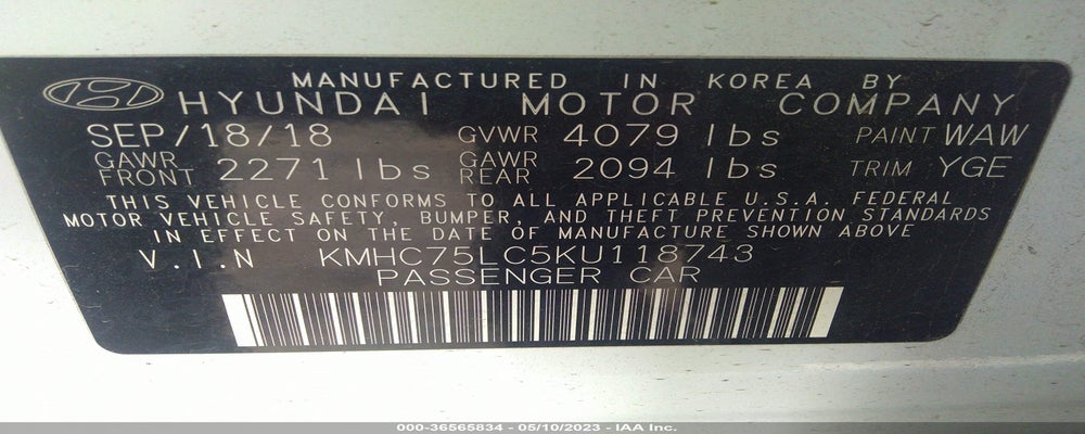 KMHC75LC5KU118743 2019 HYUNDAI IONIQ photo no. 9