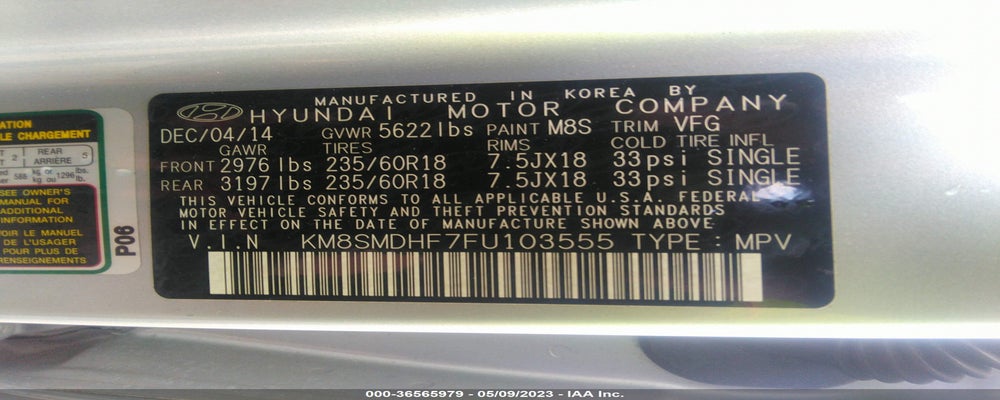 KM8SMDHF7FU103555 2015 HYUNDAI SANTA FE photo no. 9
