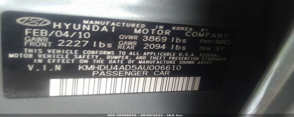 KMHDU4AD5AU006610 2010 HYUNDAI ELANTRA photo no. 9