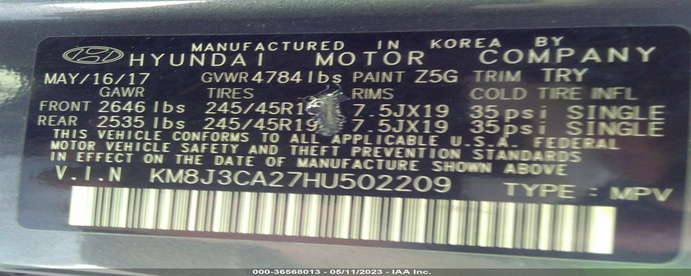 KM8J3CA27HU502209 2017 HYUNDAI TUCSON photo no. 9