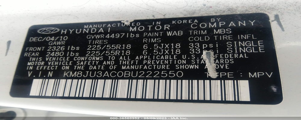 KM8JU3AC0BU222550 2011 HYUNDAI TUCSON photo no. 9