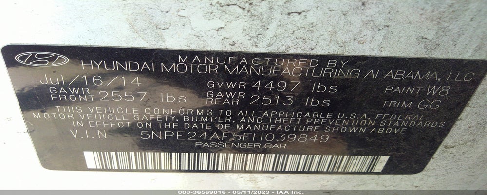 5NPE24AF5FH039849 2015 HYUNDAI SONATA photo no. 9