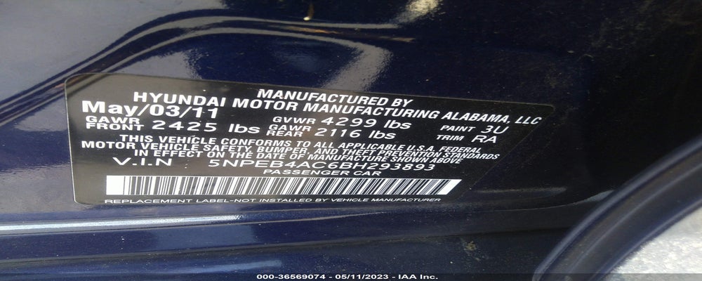 5NPEB4AC6BH293893 2011 HYUNDAI SONATA photo no. 9