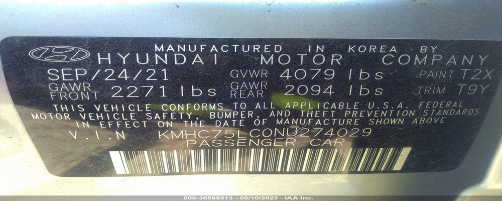 KMHC75LC0NU274029 2022 HYUNDAI IONIQ photo no. 9