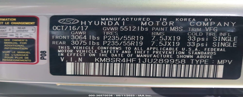 KM8SR4HF1JU289958 2018 HYUNDAI SANTA FE photo no. 9