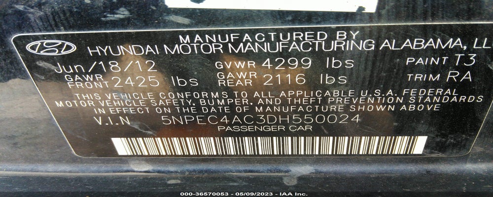 5NPEC4AC3DH550024 2013 HYUNDAI SONATA photo no. 9
