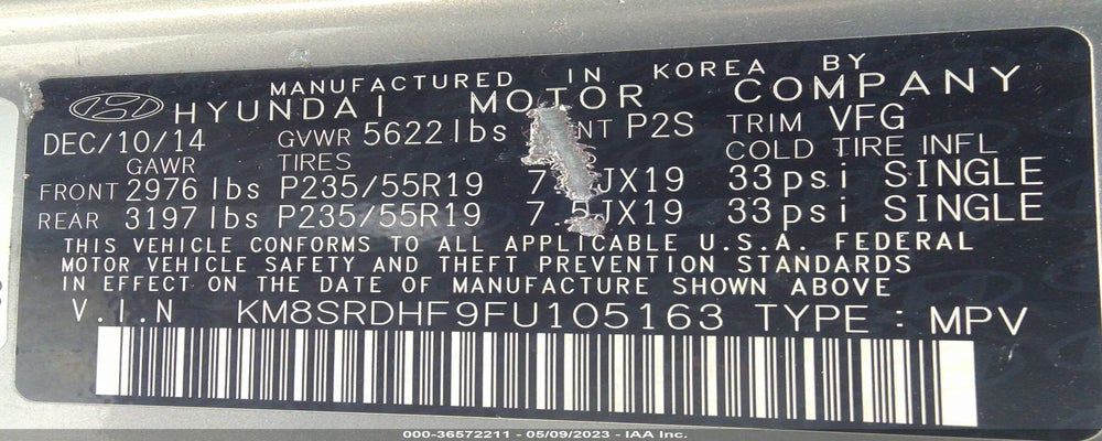KM8SRDHF9FU105163 2015 HYUNDAI SANTA FE photo no. 9