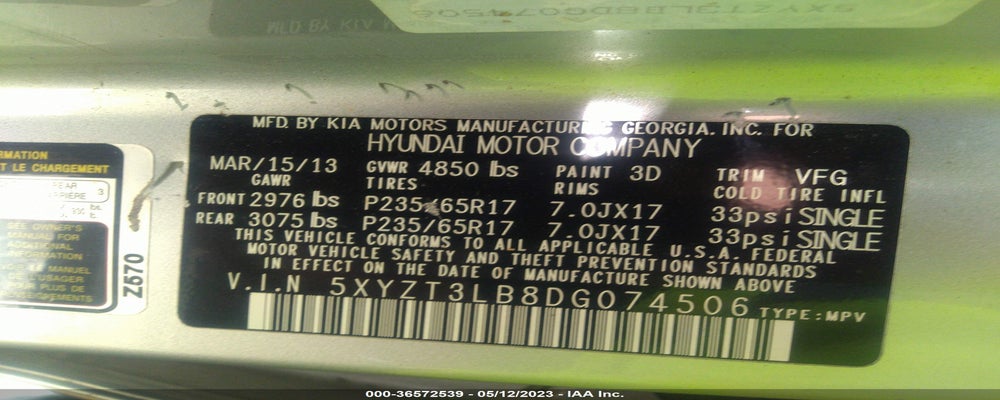 5XYZT3LB8DG074506 2013 HYUNDAI SANTA FE photo no. 9