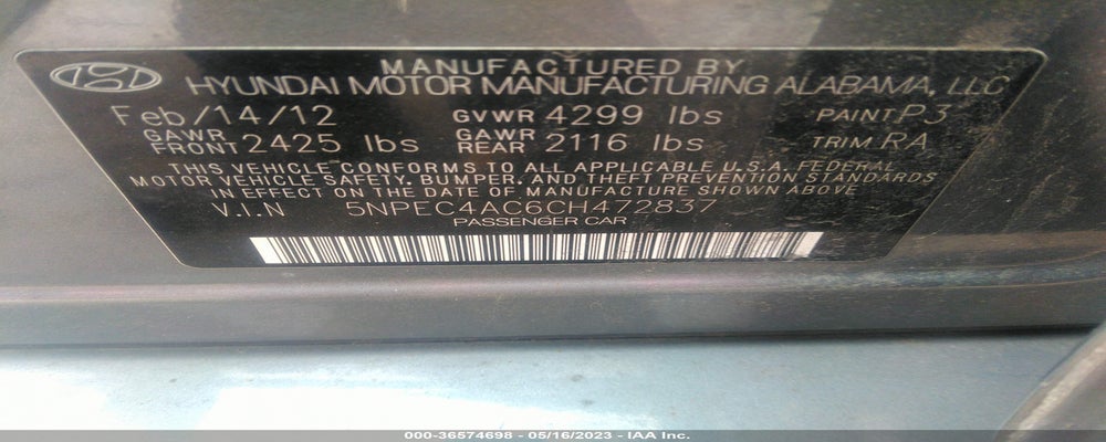 5NPEC4AC6CH472837 2012 HYUNDAI SONATA photo no. 9