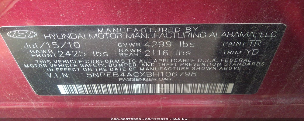 5NPEB4ACXBH106798 2011 HYUNDAI SONATA photo no. 9