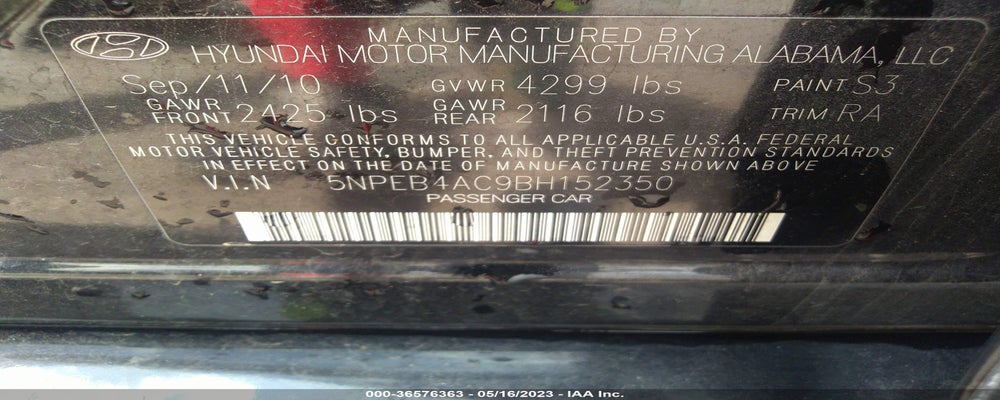 5NPEB4AC9BH152350 2011 HYUNDAI SONATA photo no. 9