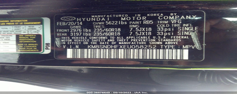 KM8SNDHFXEU058252 2014 HYUNDAI SANTA FE photo no. 9