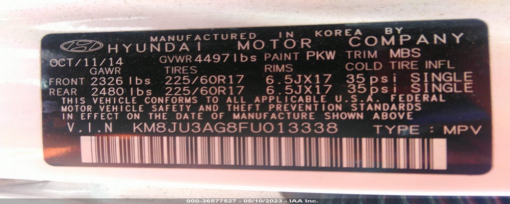 KM8JU3AG8FU013338 2015 HYUNDAI TUCSON photo no. 9